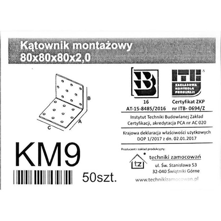 Kątowniki montażowe KM9 80x80x80 x 2,0 mm (50 szt.)